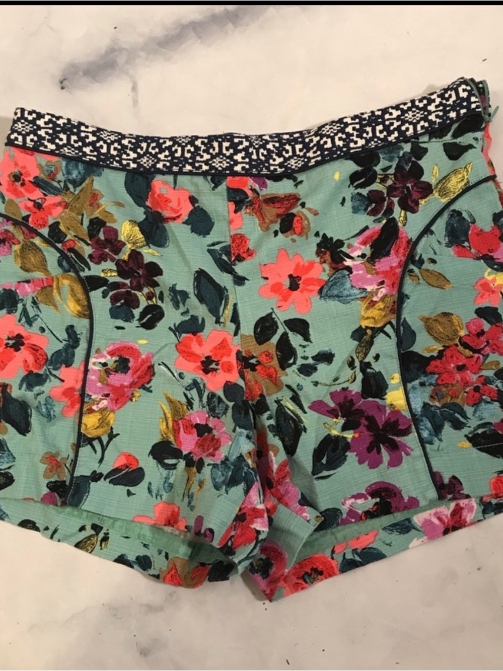 Anthropologie Floral Mint Green Shorts with Pink & Gold Accents